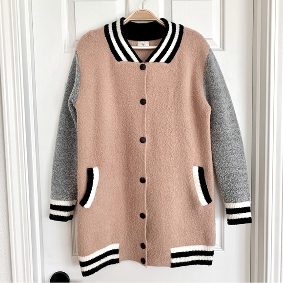 Dusty Rose Pink Varsity Long Knit Cardigan Sweater Coat - Picture 4 of 10